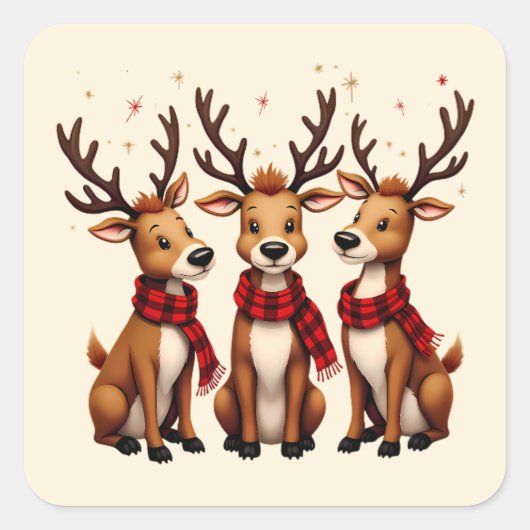 チェックのマフラーをつけたかわいいクリスマスのトナカイの3匹セット スクエアシール (正面)