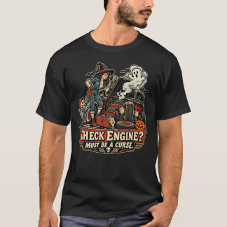 チェックエンジンは呪いかもね 面白い整備士のハロウィン Tシャツ