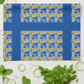 チェックブルー、ワイルドフラワーのカラフルミックス キッチンタオル (折り畳み)