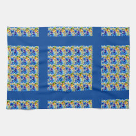 チェックブルー、ワイルドフラワーのカラフルミックス キッチンタオル