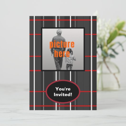 チェックプレイドホワイトレッドブラックバースデーパーティーイベント 招待状 (スタンド正面)