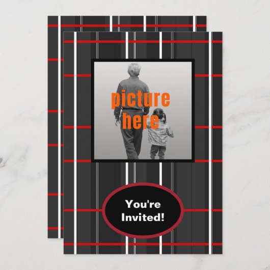 チェックプレイドホワイトレッドブラックバースデーパーティーイベント 招待状 (正面/裏面)