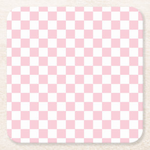 チェックベビーピンクと白のチェッカーボードパターン スクエアペーパーコースター