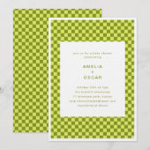 チェックボードライムオリーブレトロ カップル ベビーシャワー 招待状 (正面/裏面)