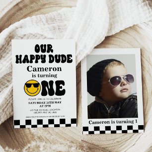 チェックボード写真 おハッピー君 1歳の誕生日 招待状