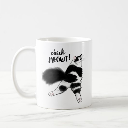 チェックメウト!白おもしろい猫スプルート コーヒーマグカップ (左)