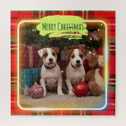 チェック柄がかわいいジャックラッセルテリアの子犬たちとクリスマス♡  ジグソーパズル (縦)