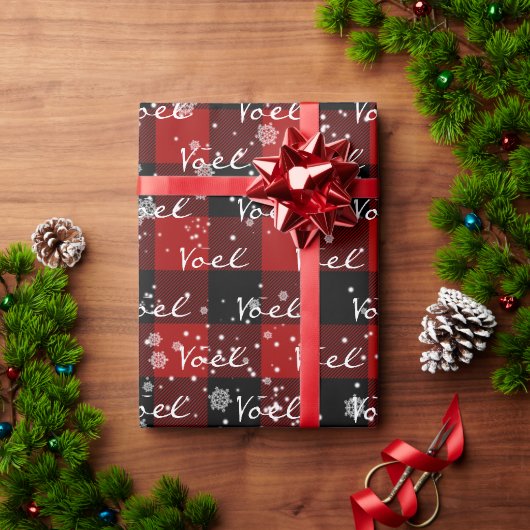 チェック柄と雪の結晶のクリスマス NOEL テキスト ラッピングペーパー (クリスマスギフト)