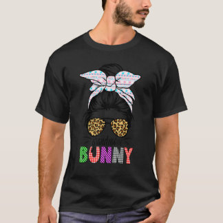 チェック柄のお団子ヘアの祖母バニーイースターヒョウ柄レディース Tシャツ