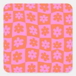 チェック柄のゆがんだレトロなピンクとオレンジの花 スクエアシール
