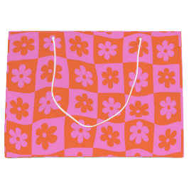 チェック柄のゆがんだレトロなピンクとオレンジの花 ラージペーパーバッグ