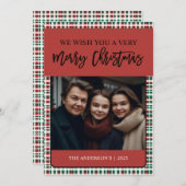 チェック柄のエレガントな緑と赤の写真 シーズンカード (正面/裏面)