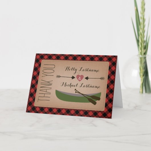 チェック柄のカヤックと矢印のハートの感謝カード サンキューカード (正面)