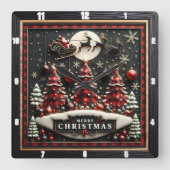 チェック柄のクリスマスツリーとサンタのそり スクエア壁時計 (正面)