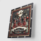 チェック柄のクリスマスツリーとサンタのそり スクエア壁時計 (傾斜)
