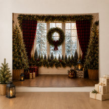 チェック柄のクリスマス窓 ファミリーフォト用背景