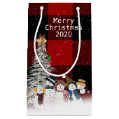 チェック柄のクリスマス雪だるま スモールペーパーバッグ (正面)