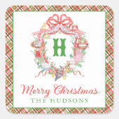 チェック柄のクリスマス12日間のモノグラムクラウン スクエアシール (正面)