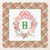 チェック柄のクリスマス12日間のモノグラムクラウン ペーパーコースター (正面)