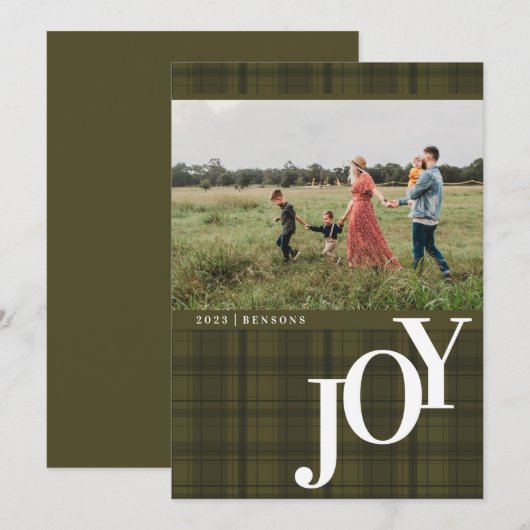チェック柄のグリーンホリデーカード - JOY シーズンカード (正面/裏面)