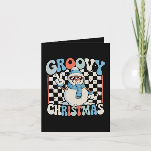 チェック柄のグルービースノーマンクリスマス子供用スノーウェア カード (正面)