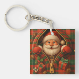チェック柄のサンタクロース クリスマスデザイン キーホルダー