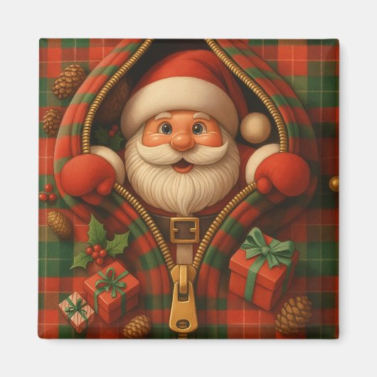 チェック柄のサンタクロース クリスマスデザイン マグネット (正面)