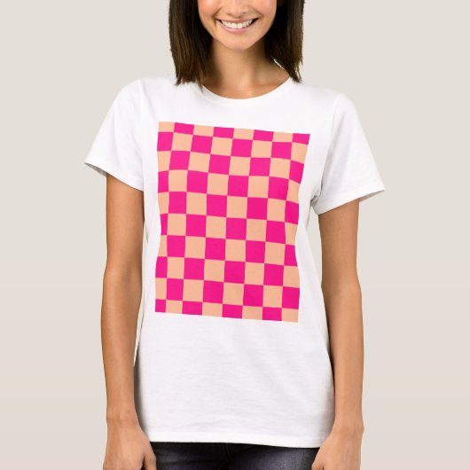 チェック柄のスクエア ピーチパープル 幾何学 レトロ Tシャツ (正面)