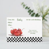 チェック柄のテーブルクロスに真っ赤なチェリー 招待状 (スタンド正面)