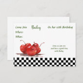 チェック柄のテーブルクロスに真っ赤なチェリー 招待状 (正面/裏面)