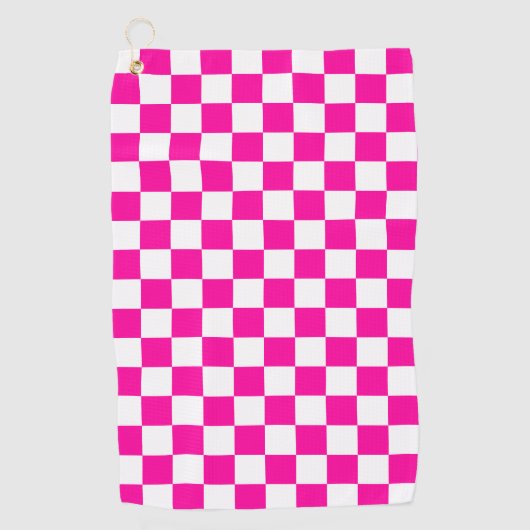 チェック柄のネオンピンクとホワイト ゴルフタオル (正面)