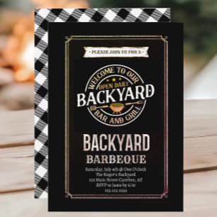 チェック柄のバーベキュー 裏庭のBBQパーティー 招待状