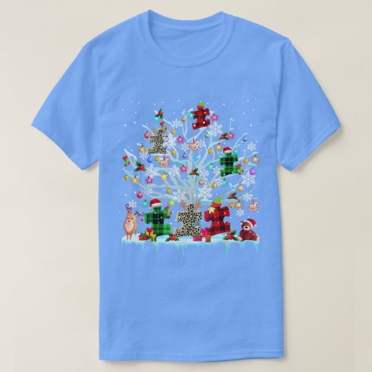チェック柄のヒマワリのパズルピースを飾ったクリスマスツリー 自閉症スペクトラム障害への理解 Tシャツ (デザイン正面)