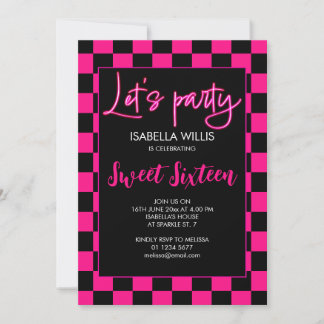 チェック柄のホットピンクブラックレトロ Let's party スイート16 招待状