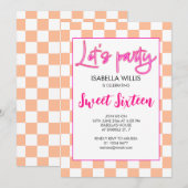 チェック柄のホットピンク、ピーチ、ホワイト Let's party スイート16 招待状 (正面/裏面)