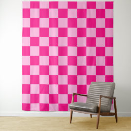 チェック柄のマス目がライトなホットピンクのレトロ タペストリー