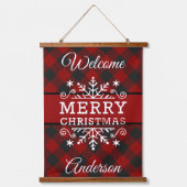 チェック柄のメリークリスマスの雪の結晶 吊り下げ型タペストリー (正面)