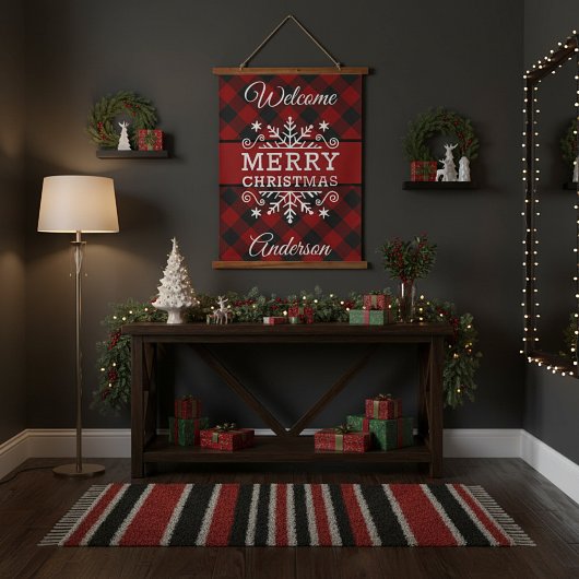 チェック柄のメリークリスマスの雪の結晶 吊り下げ型タペストリー