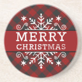 チェック柄のメリークリスマススノーフレーク コースター (正面)