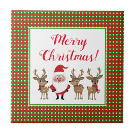 チェック柄のメリークリスマス カスタム サンタクロース トナカイ タイル