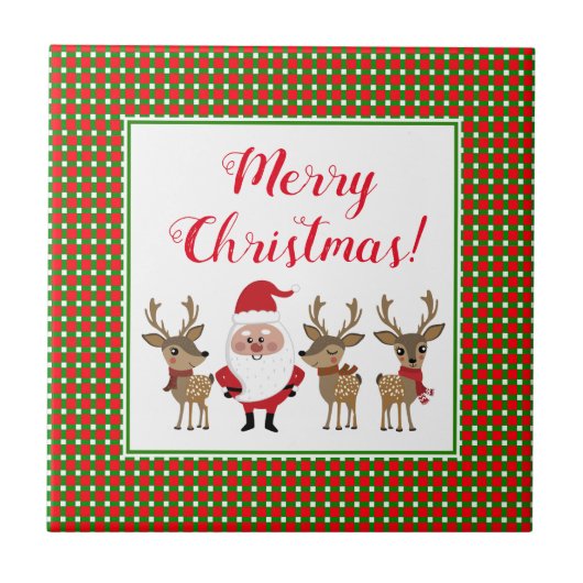 チェック柄のメリークリスマス カスタム サンタクロース トナカイ タイル (正面)
