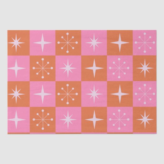 チェック柄のレトロな星模様 ピンク オレンジ 薄葉紙 (正面)