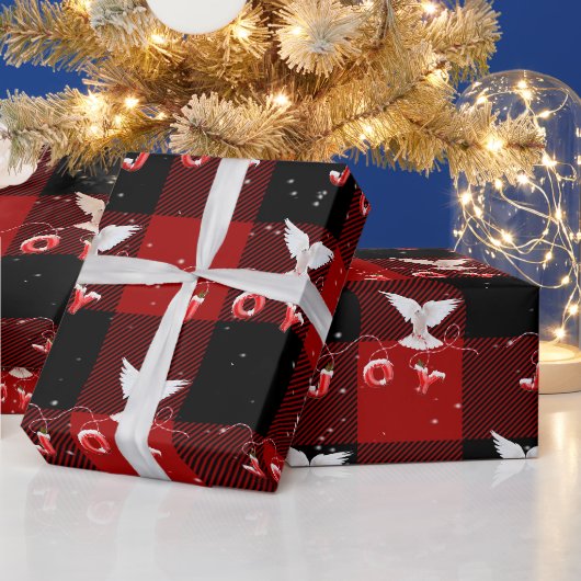 チェック柄の喜びの鳩 ラッピングペーパー (クリスマス)