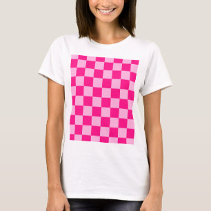 チェック柄の四角いライトホットピンクの幾何学模様 レトロ Tシャツ