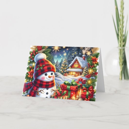 チェック柄の帽子をかぶったかわいい雪だるまのクリスマス シーズンカード (正面)