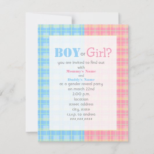 チェック柄の性別発表パーティー招待状 招待状 (正面)