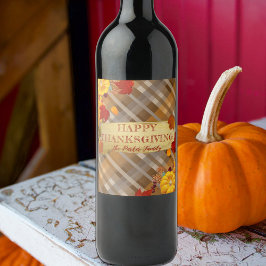 チェック柄の感謝祭にカボチャと紅葉 ワインラベル