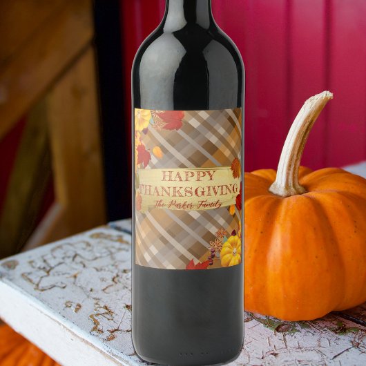 チェック柄の感謝祭にカボチャと紅葉 ワインラベル