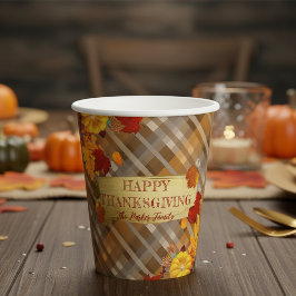チェック柄の感謝祭にカボチャと紅葉 紙コップ
