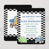 チェック柄の水彩画の車 男の子の誕生日パーティー 招待状 (正面/裏面)